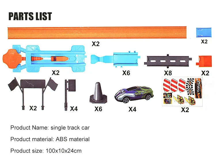 Parts list for a single track car racing set including orange track, blue components, and various pieces for assembly.