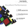 A close-up view of a multi-colored mini 3x3 speed cube with black pieces, highlighting its excellent performance features.