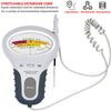 A white digital pH and chlorine tester with a stretchable extension cord for environmental measurements.