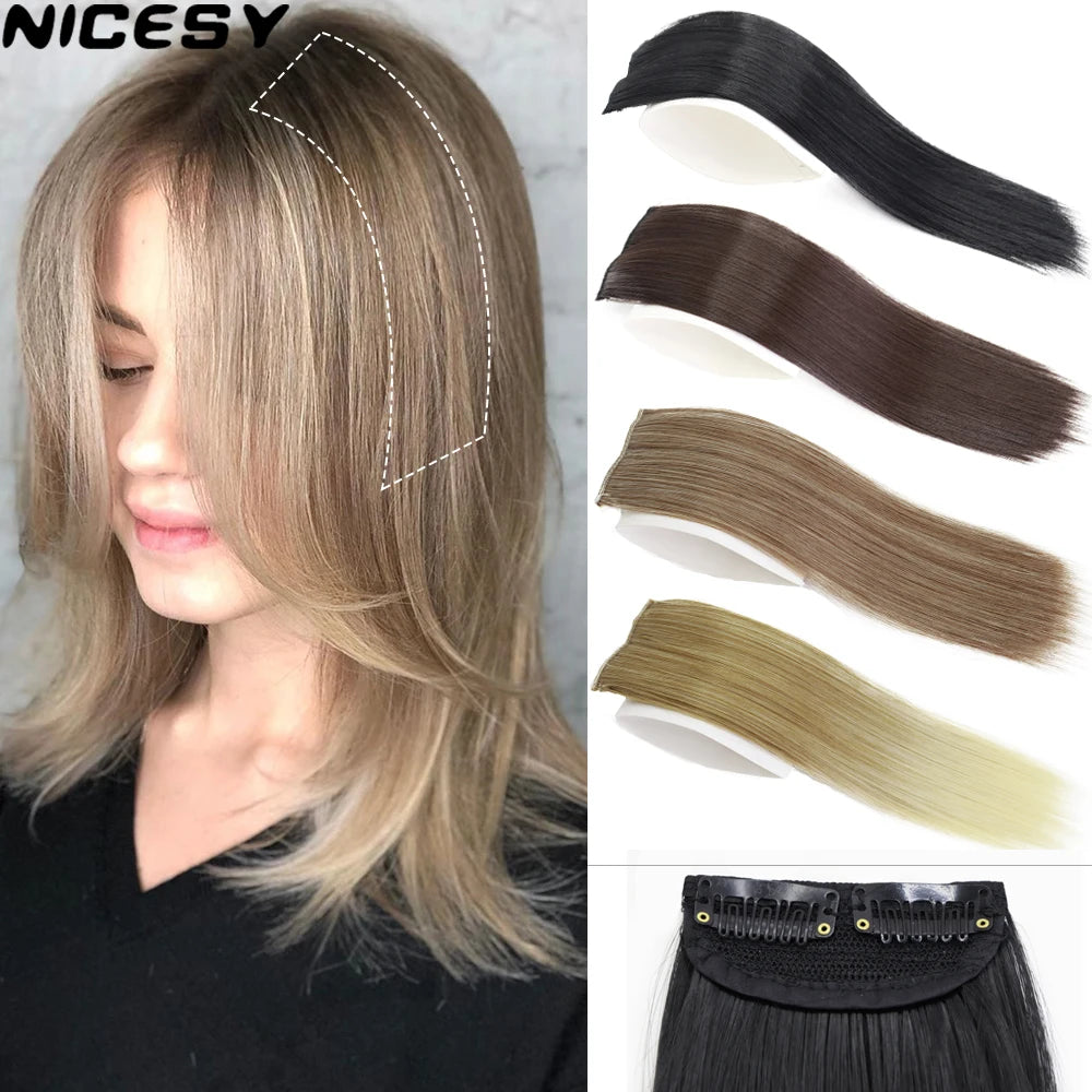 A woman shows off long, layered, straight hair extensions in various shades of blonde and brown.