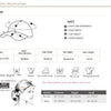 Size information chart showing measurements for a hat including head circumference, peak width, cap height, and visor length.