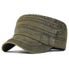 A dark olive green flat cap with a curved brim and stitching details.