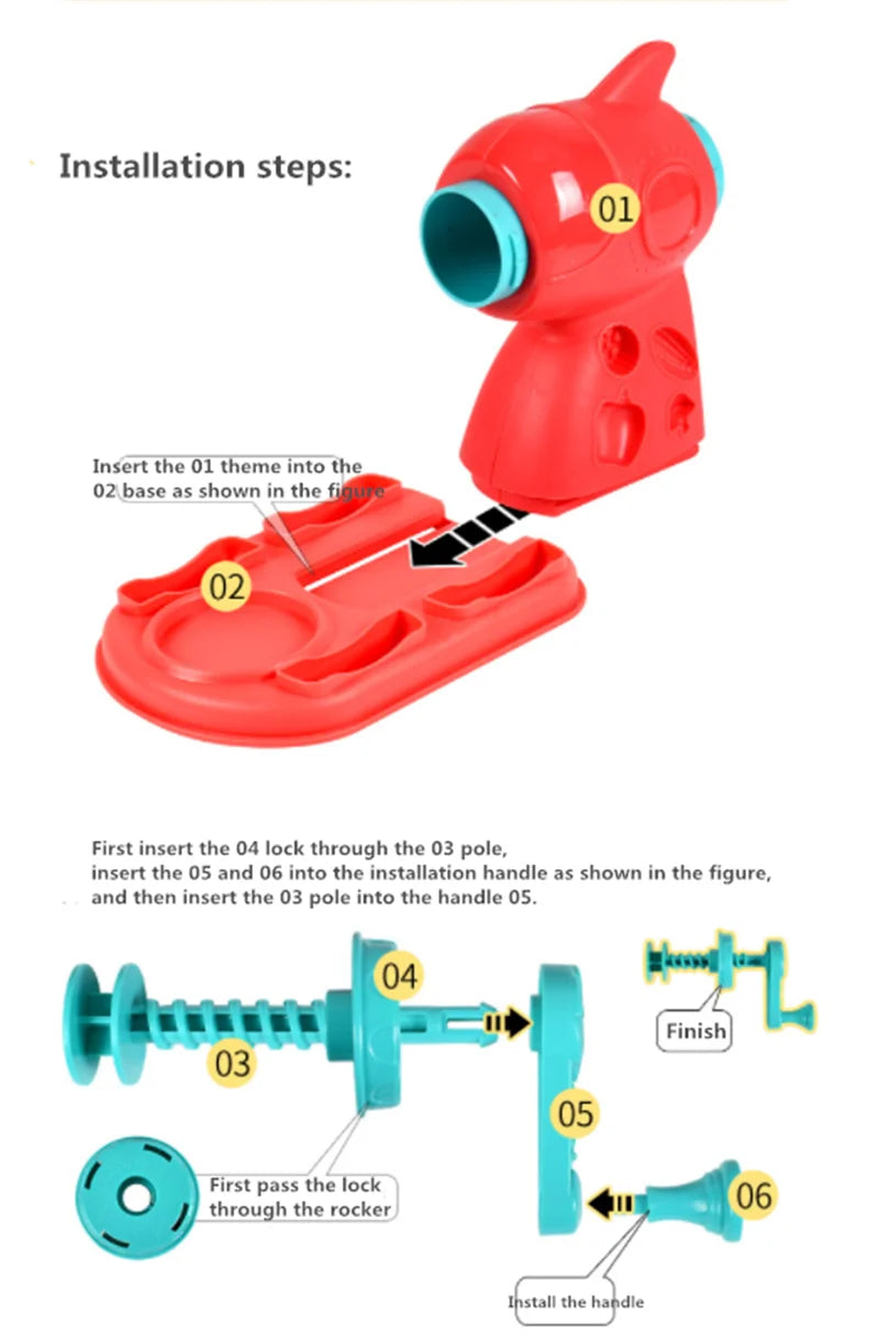 Installation steps for a red clay play tool set showing how to insert molds and assemble the handle.