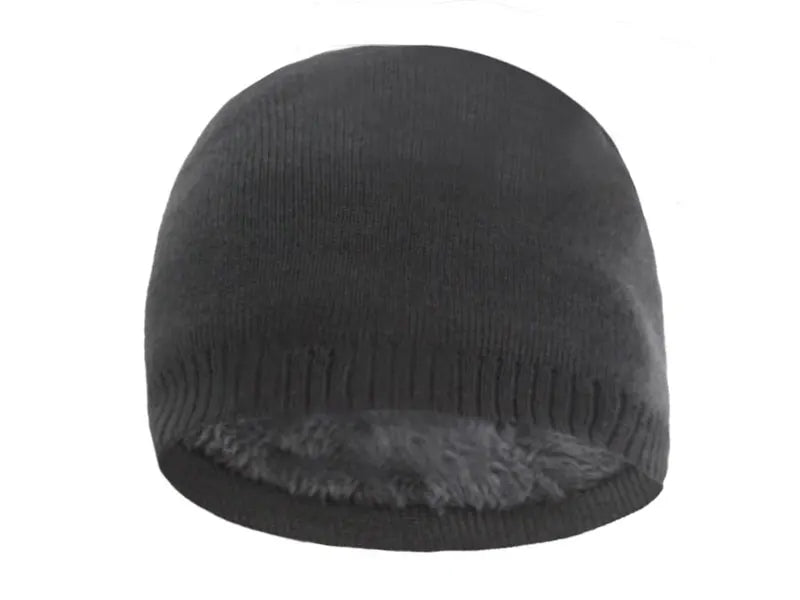 A dark gray knitted winter beanie hat with a fuzzy trim.
