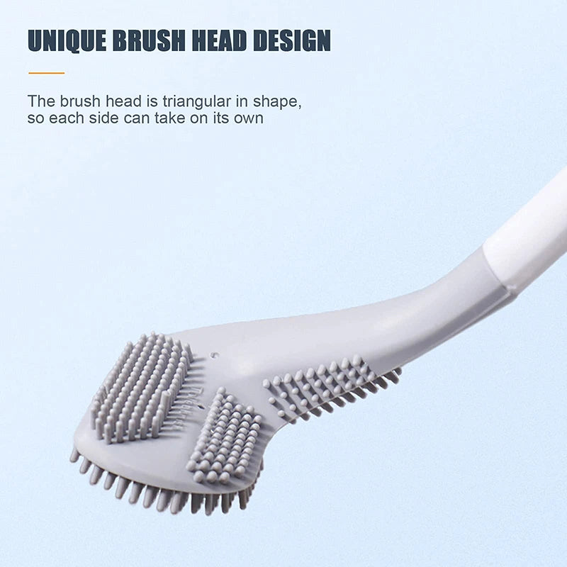 A white silicone toilet brush head with a triangular design and multiple textured sides.