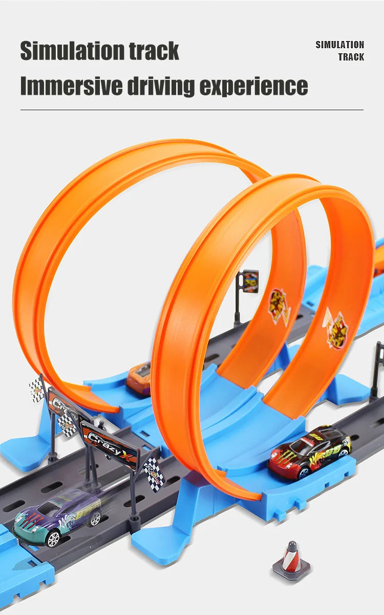 An orange and blue simulation track set for a stunt car racing experience with integrated launchers.
