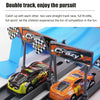Two race cars on a gray track are launched by catapults for a double track racing experience.