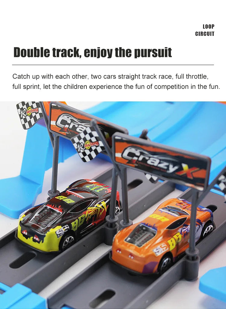 Two race cars on a gray track are launched by catapults for a double track racing experience.
