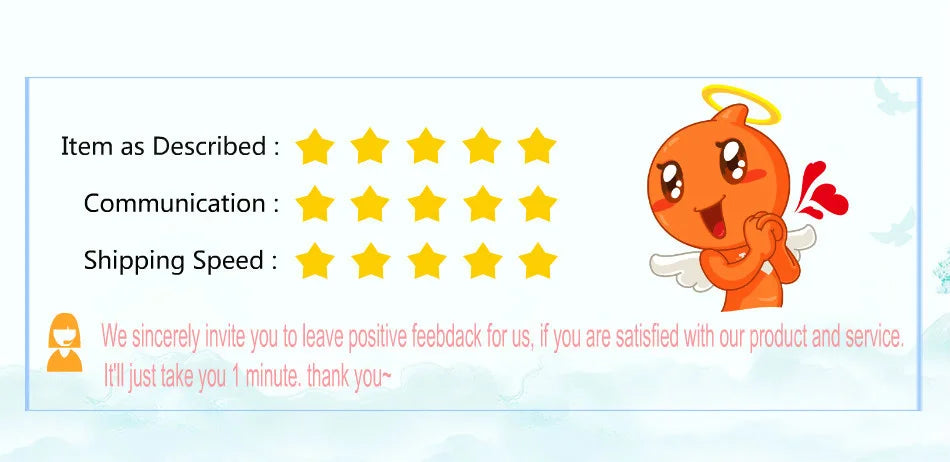 A rating scale showing five yellow stars for Item as Described, Communication, and Shipping Speed next to an orange cartoon a
