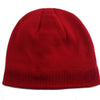 A solid red knitted winter beanie hat with a ribbed cuff.