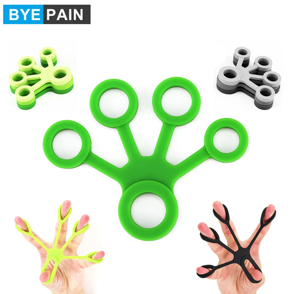 A hand is holding a green silicone finger exerciser for hand and forearm strength training.