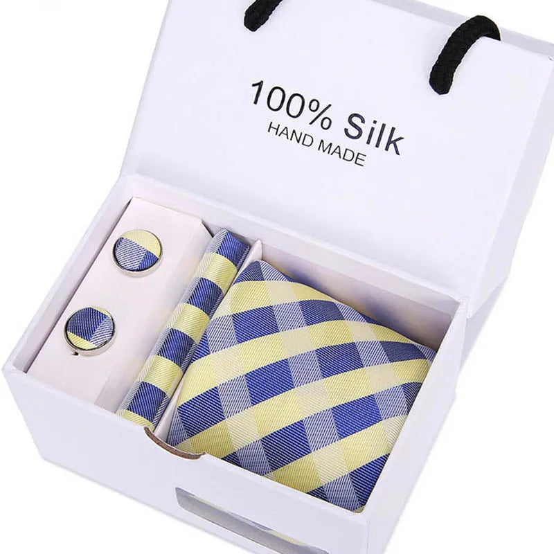 Corbata de seda jacquard azul marino con estampado de cachemira y cojín a juego en caja blanca