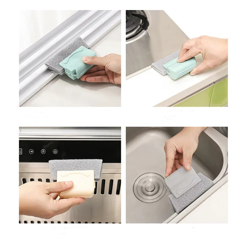 Close-up shots show a window track cleaning brush with replaceable scouring pad heads being used to clean window tracks and s