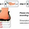 Diagram med tre trin til tilpasning af en fod, inklusive mål for fodlængde, indersålelængde og ydersålelængde.