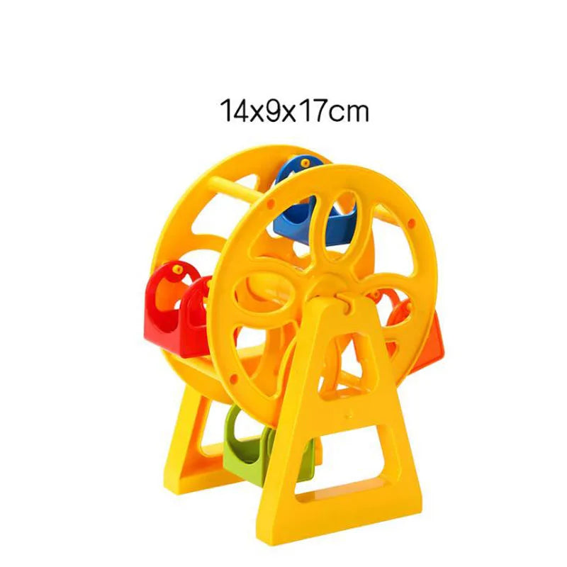 Yellow wooden train station accessories set featuring an airport and gas station model.