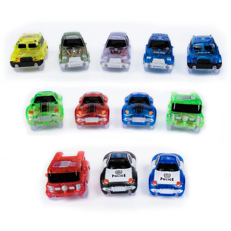 A collection of ten glowing magnetic race track vehicles in various colors and models.