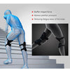 A blue spring-assisted knee support brace is shown being used on a person walking down stairs, illustrating its function to r