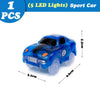 A blue sport car model with five LED lights is shown on a white background.