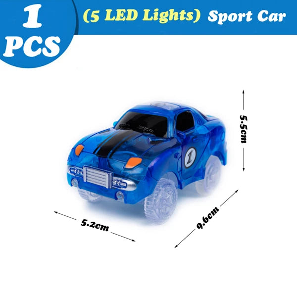 A blue sport car model with five LED lights is shown on a white background.
