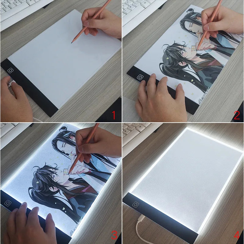 أربع صور تُظهر لوحة رسم LED بحجم A4 مع رسم توضيحي رقمي يُتتبع بقلم.