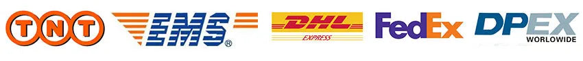 A row of shipping and logistics company logos including TNT, EMS, DHL Express, FedEx, and DPEX Worldwide.