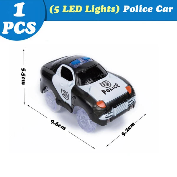 A black toy police car with five LED lights is shown on a white background.