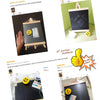 A mini pine wood chalkboard with a foldable easel stand is shown in various packaging and usage contexts.