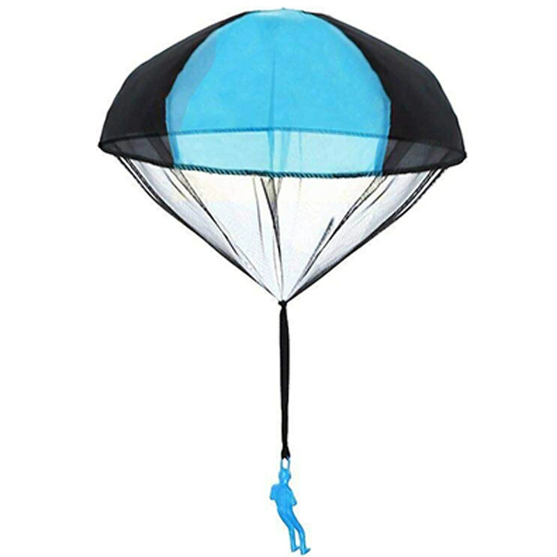 Juguete de paracaídas negro y azul claro para niños, con asa negra.