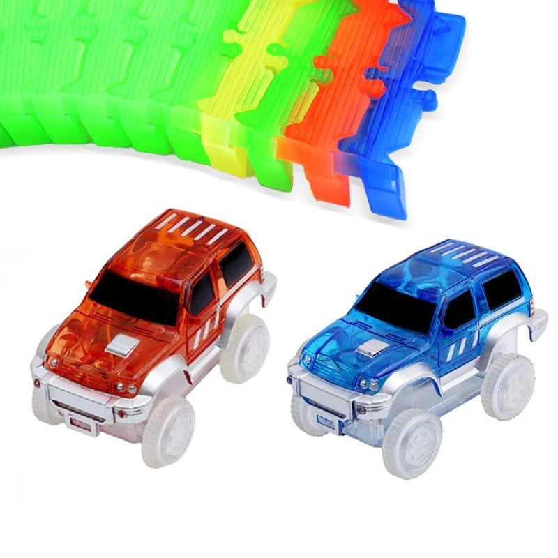 A set of glowing magnetic race track ramps and bridges in green, yellow, orange, and blue colors.
