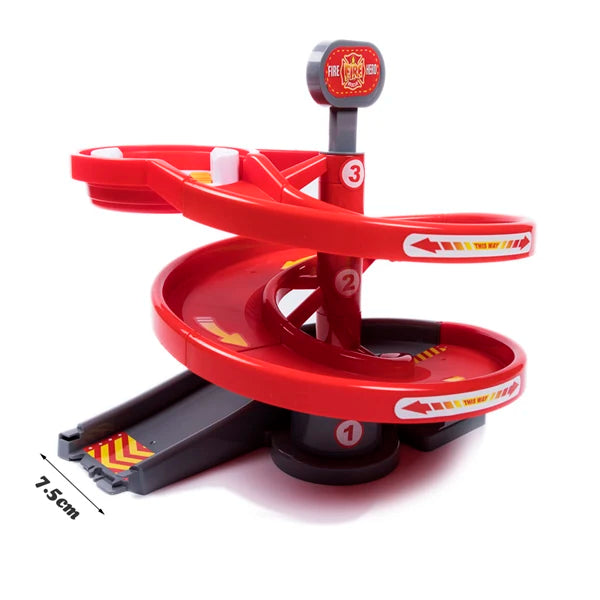 A red magnetic race track set featuring ramps and bridges with numbered markers and directional arrows.