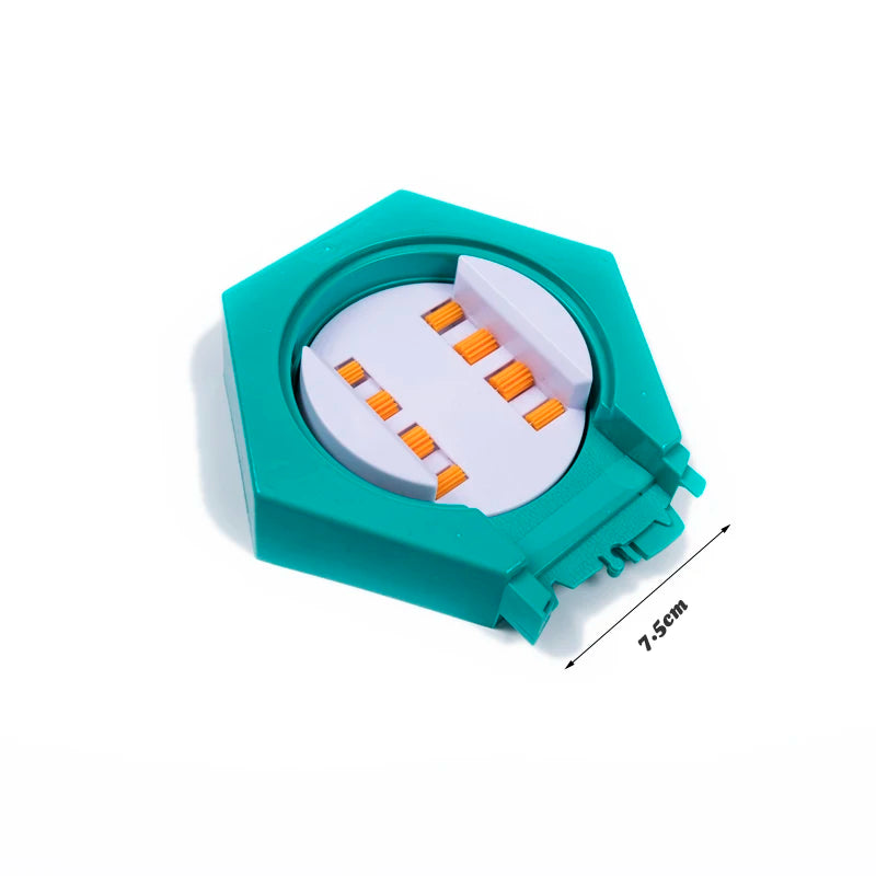 A teal plastic magnetic race track set featuring ramps and bridges with orange components.