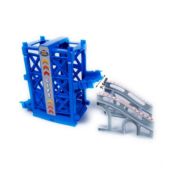 Blue magnetic race track set with ramps and bridges for building