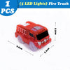 A red fire truck toy with five LED lights and wheels is shown against a white background.
