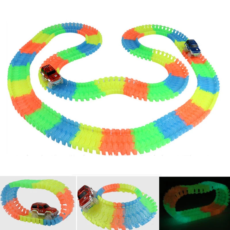 A glowing magnetic race track set featuring ramps and bridges in various bright colors like orange, green, yellow, and blue.