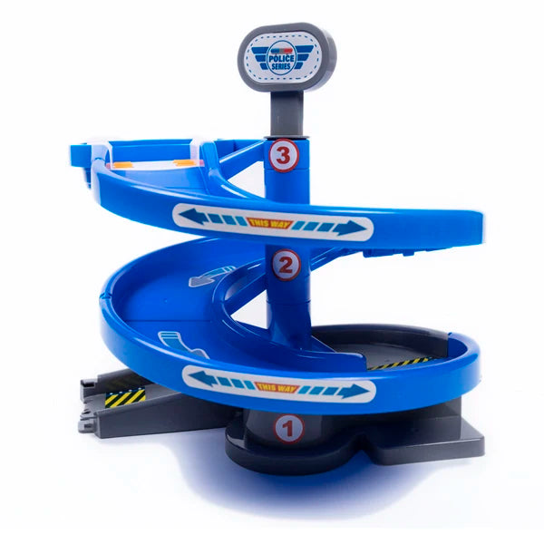 Blue magnetic race track set featuring ramps and bridges with numbered tracks and a starting point.