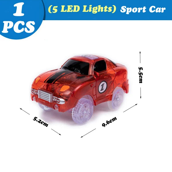 A small, orange sport car model with LED lights is shown on a white background.