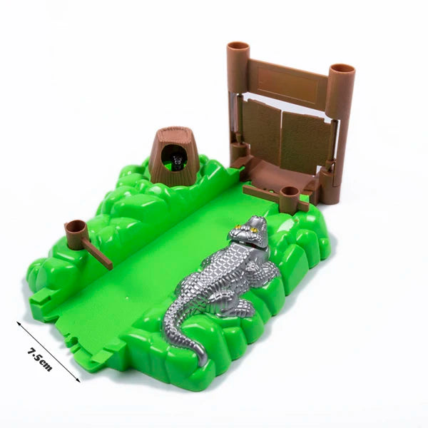 A green magnetic race track set featuring ramps, bridges, and a silver lizard figure.