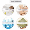 A collection of tips for jewelry maintenance including avoiding sweat, bath, sleeping, crash, humidity, chemicals, and using 