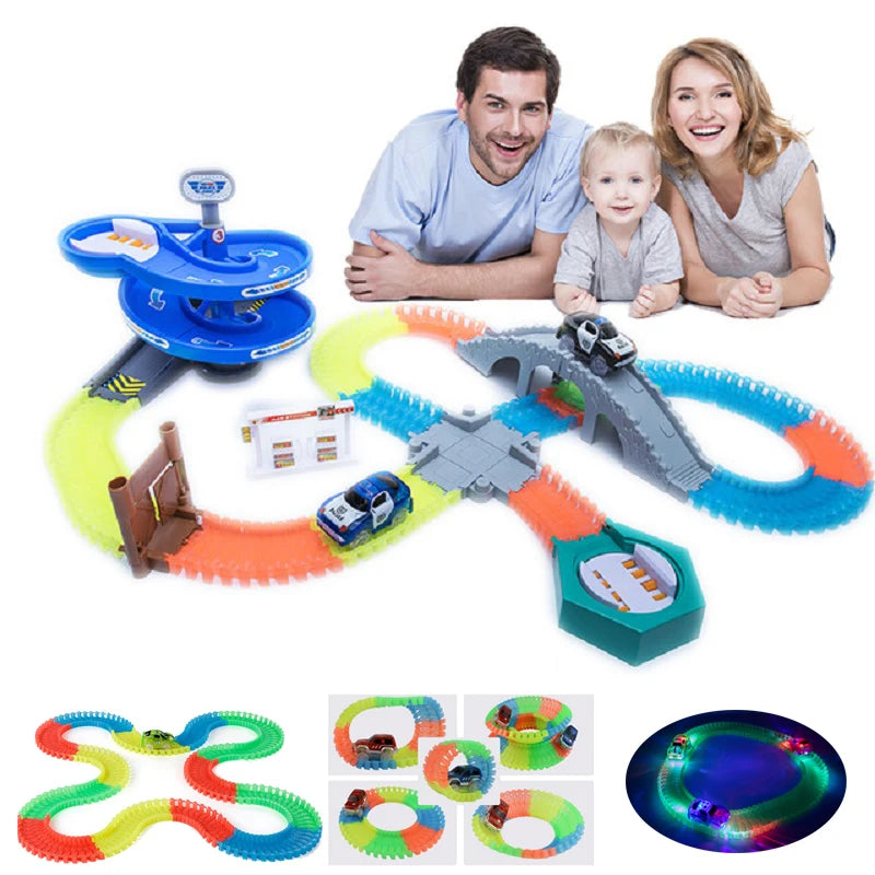 A glowing magnetic race track set featuring ramps, bridges, and various colored magnetic pieces.