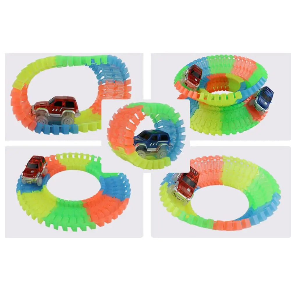 A set of glowing magnetic race track components including ramps and bridges in various colors like green, orange, and blue.