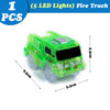 A bright green toy fire truck with five LED lights and magnetic race track components.