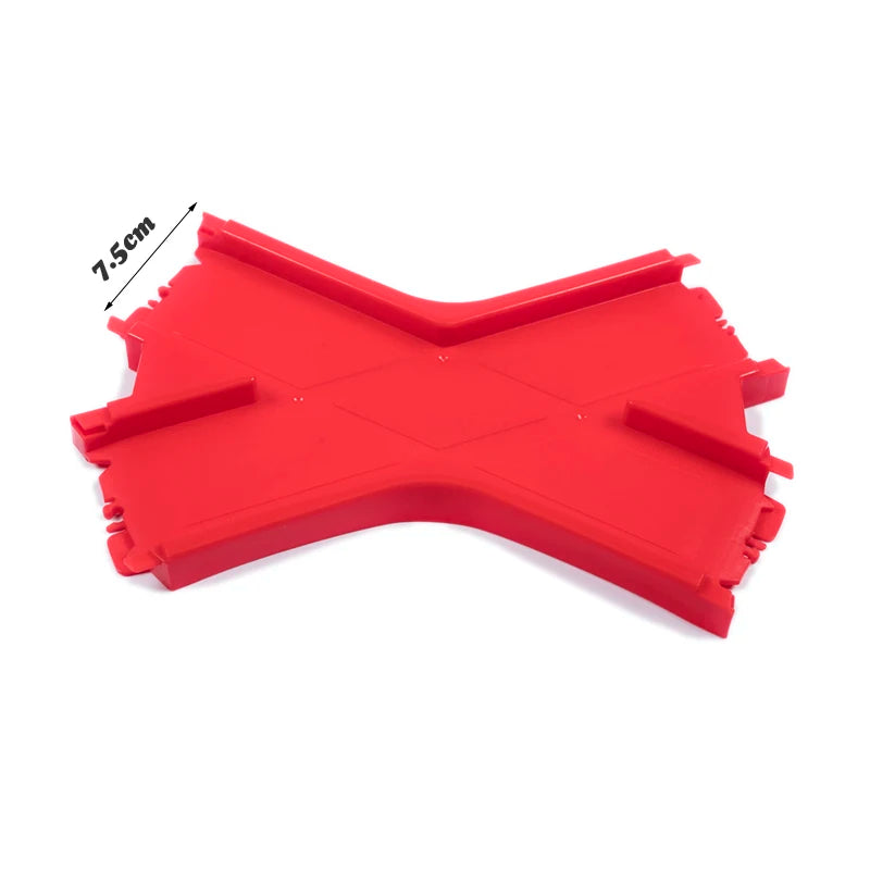 Red magnetic race track set featuring ramps and bridges with a 7.5cm dimension marker.