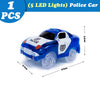 A blue and white toy police car with five LED lights is shown on a white background.