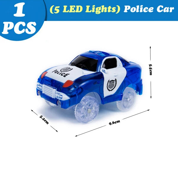 A blue and white toy police car with five LED lights is shown on a white background.