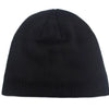 A black knitted winter beanie hat shown from the front.