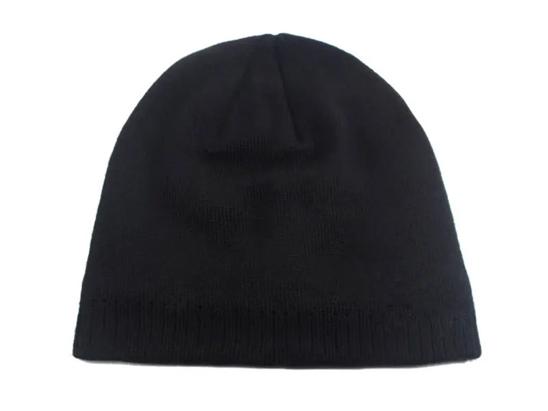 A black knitted winter beanie hat shown from the front.