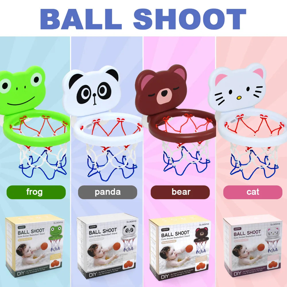 Et sett med ballskytingsleker med dyretema, med frosk, panda, bjørn og katt-bøyler for småbarn.