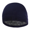 Dark navy blue knitted winter beanie hat with a fuzzy lining
