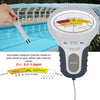 A white digital pH and chlorine tester device is shown next to a swimming pool, demonstrating its use for water quality testi