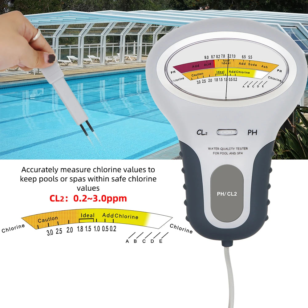 A white digital pH and chlorine tester device is shown next to a swimming pool, demonstrating its use for water quality testi